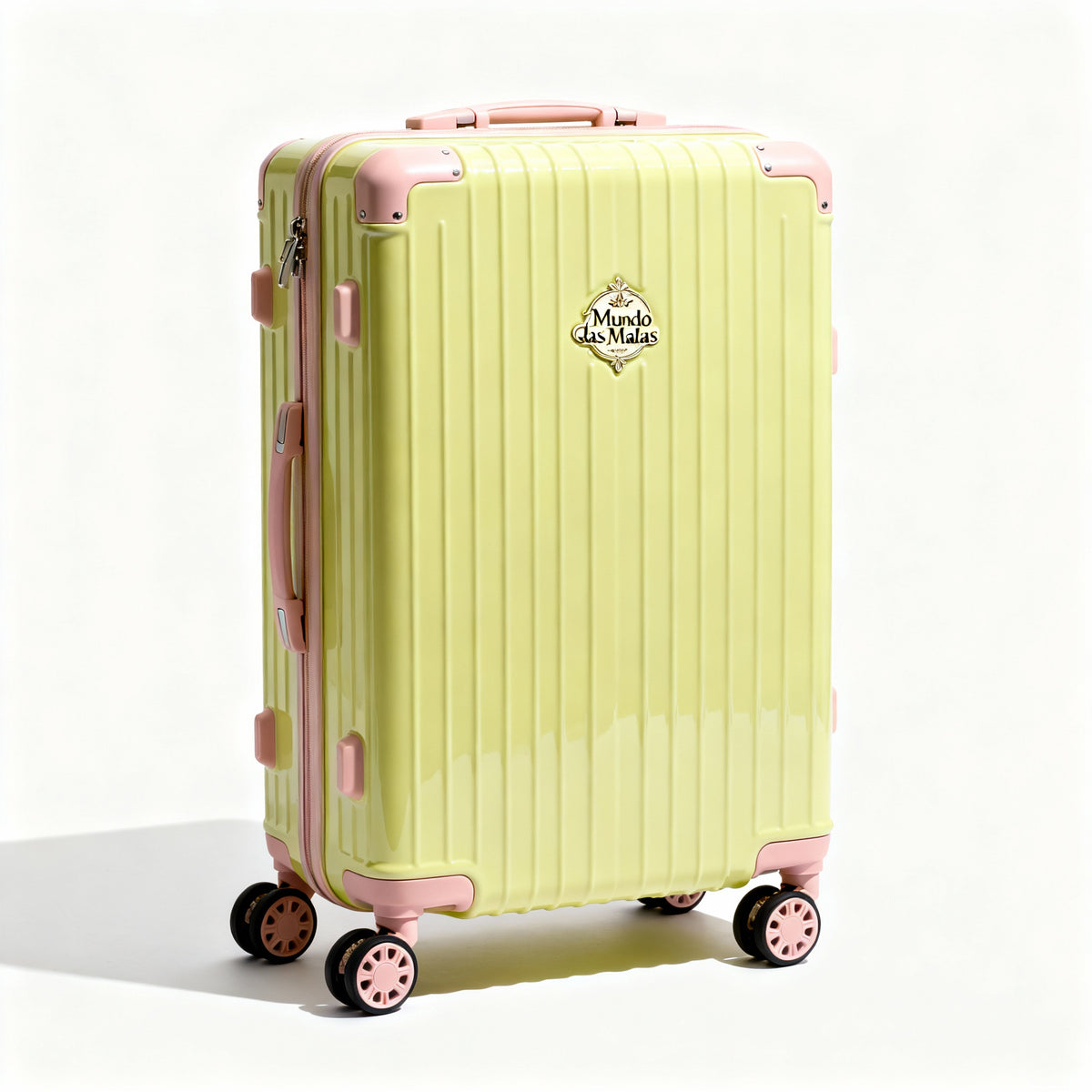 Mala Amarelo c/ Rosa de Viagem Mundo das Malas – ABS, Rodas 360º (Tamanho P, M ou G)